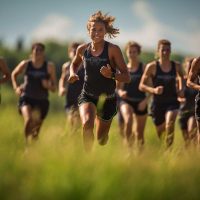 Menschen joggen durch Wiese